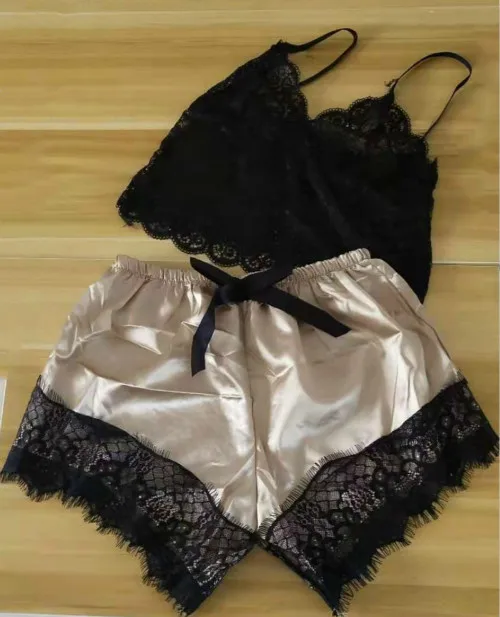 QWEEK Womens Pajamas Sleepwear Sexy Lace Lingerie Summer Thin Pyjamas Women Set Sexy V-neck Backless Pijamas Female Dropshipping