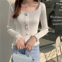 solid fall square collar women cardigan long sleeve lace patchwork mercerized cotton out wear female sexy slim fit sweater tops