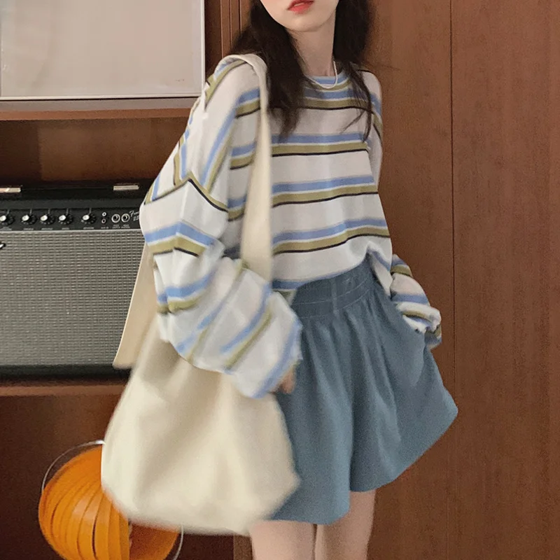 Женская футболка в полоску вязаная Солнцезащитная Новинка лета 2021 свободный