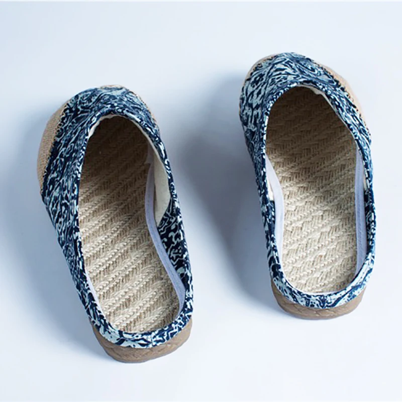 Unisex Handmade Fisherman shoes Comfortable Linen Loafers Zapatillas Blue Porcelain Floral Casual Breathable Flats Sapatos