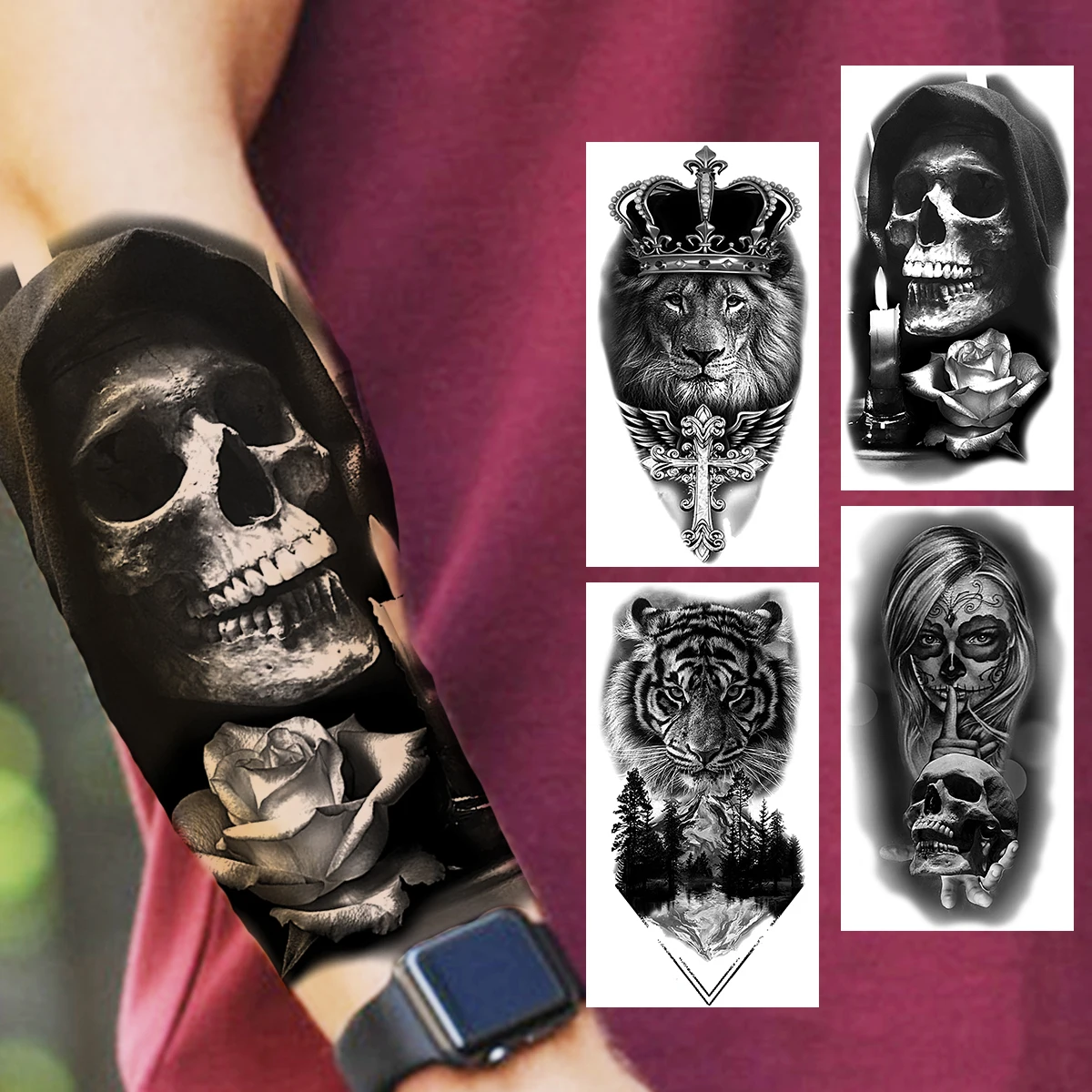 

Large Black Skull Lotus Temporary Tattoos For Men Adults Lion Vampire Halloween Tiger Forest Fake Tattoo Sticker Thigh Tatoos