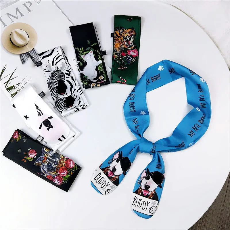 

2022 New Cat Horse Dog Tiger Animal Print Neck Collar Scarf Women Long Skinny Hair Headband Beach Scarfs Silk Handbag Scarves