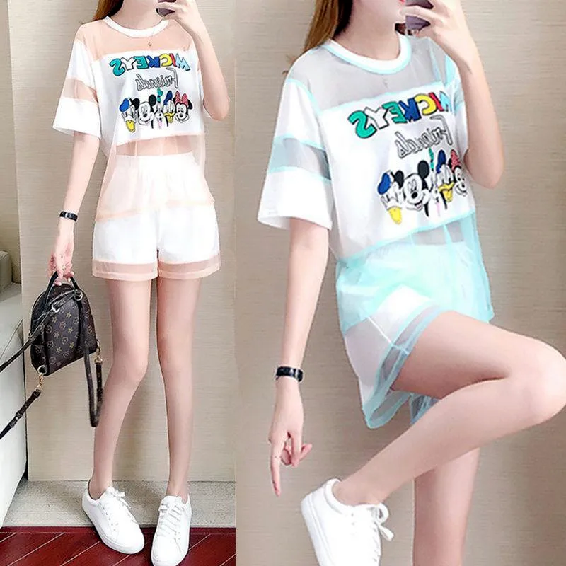 Новый женский спортивный костюм из 2 предметов летние свободные блузки с милым