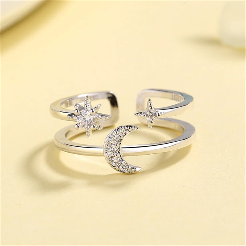 Новая коллекция кольцо с кубическим цирконием в виде Луны и звезды регулируемые