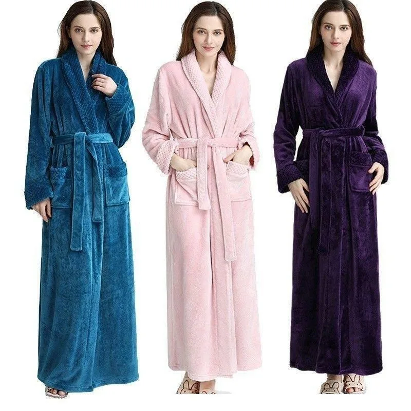 Autumn Long Pajama Warm Women Winter Men Flannel Sleepwear Night-robe Soft Robe Bathrobe Loose Comfortable Warm Home Bathrobe