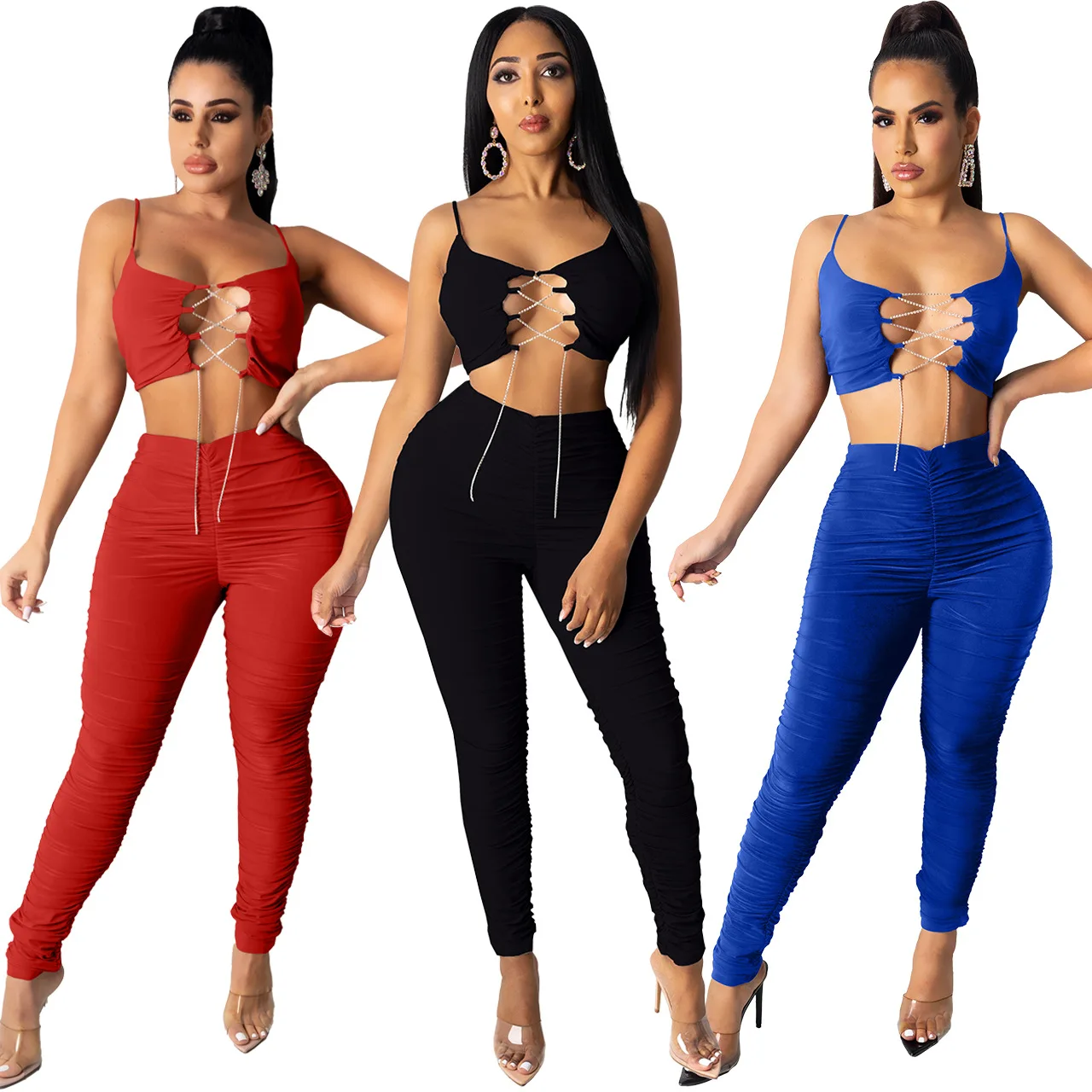 

Spaghetti Strap Crop Top Diamond Cross Lace Up Sling Pleated Stacked Pencil Pants Matching Set Two Piece Set Club Outfits 2021