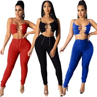 spaghetti strap crop top diamond cross lace up sling pleated stacked pencil pants matching set two piece set club outfits 2021