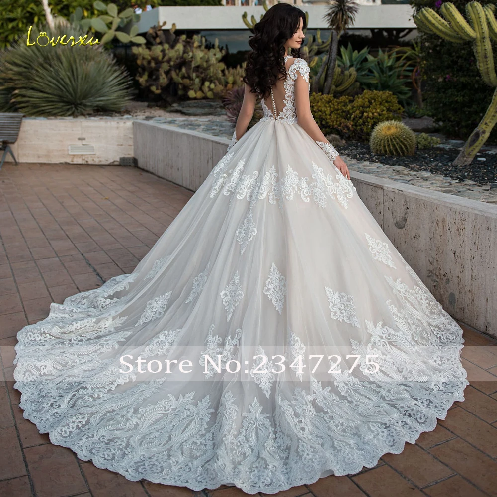 Loverxu Sexy Illusion Long Sleeve Lace Ball Gown Wedding Dresses Luxury Appliques Beaded Court Train Vintage Bridal Gowns