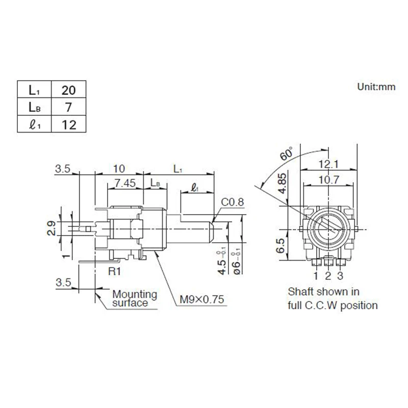 Роторный потенциометр ALPS RK09L 20 мм B10K 10K Размер 9 металлический вал Series RK09L114001T 5 шт. |