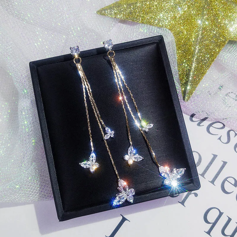 

New sparkling butterfly tassel earrings five-pointed star long earrings European and American ladies fashion earrings jewelry