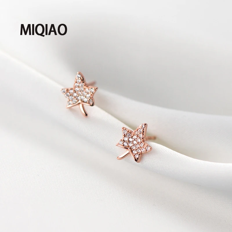 

MIQIAO Hypoallergenic Earrings For Women Temperament Diamond Zircon Crystal Maple Leaf Stud 925 Sterling Silver Fashion Jewelry