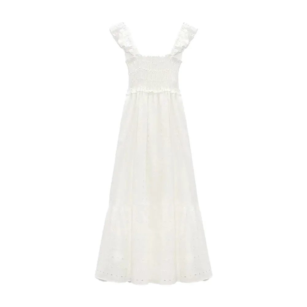 

2021 Za New Women Chic Fashion Hollow Out Embroidery Smocked Midi Dress Vintage Sleeveless White Female Dresses Mujer