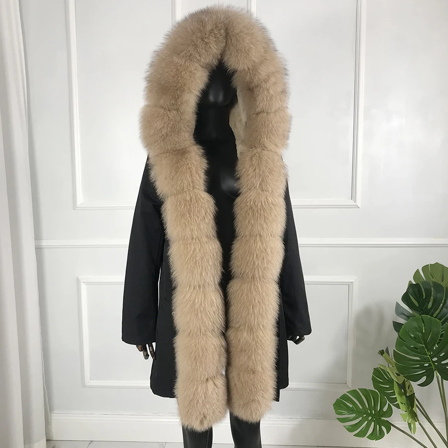 

Women Winter Jacket Parkas Real Rabbit Fur Coat Hooded Warm Fashion Long Outwear Detachable Fur Collar
