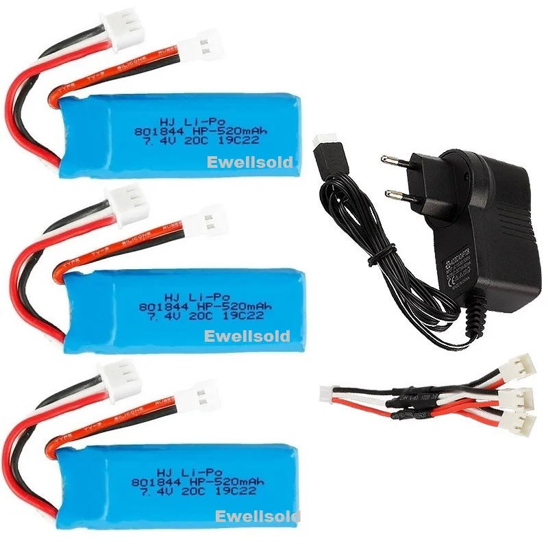 Аккумулятор 2S 7,4 В, 520 мА · ч, литий-полимерный аккумулятор 20c 801844 с зарядным устройством для самолетов wltoys F959, F22, XK, A180, A600, A700, A800, A430R/C, 520 мА · ч, 7,4 В