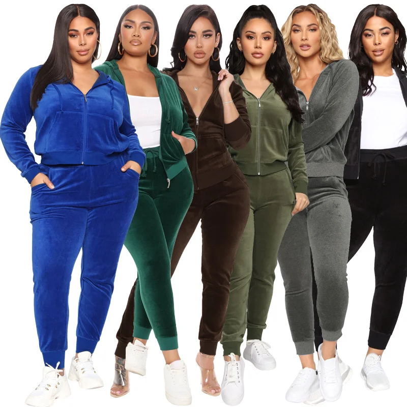 

Two Piece Set Women Sweat Suits Zipper Tops Matching Sets Clothing Fashion Pure Color Velvet Pants Suits Wholesale Dropshipping