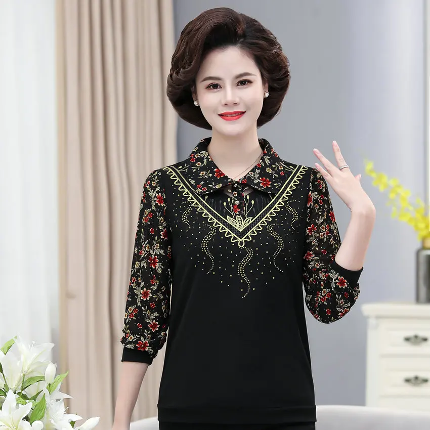 

Red Khaki Floral Print Sequined Blouses Middle Aged Women Turn Down Collar Long Sleeve Patchwork Top Plus Size Clothes Mother