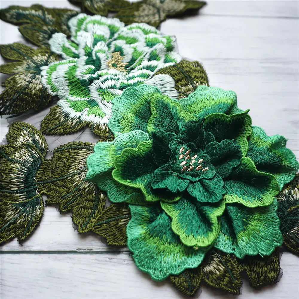 Green 3D Peony Flower Leaf Lace Fabric Multilayer Collar Embroidered Gown Appliques Sew Patch For Wedding Decoration Dress DIY | Дом и сад