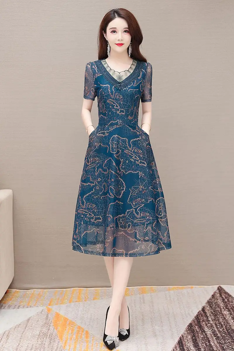 

COIGARSAM Women Long Dress Summer 2021 New Office Lady Print Short Sleeve Chiffon O-Neck High Waist Zipper Red Green Dresses