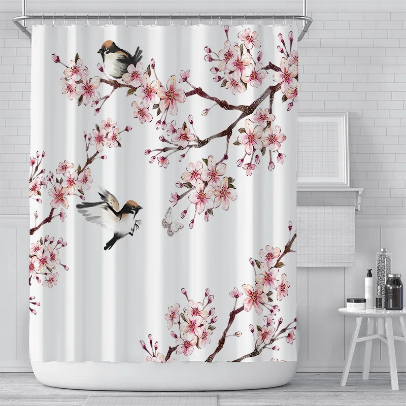 

Simple pink cherry blossom peach blossom 3D printing shower curtain polyester waterproof curtain bathroom curtain 71x71inch