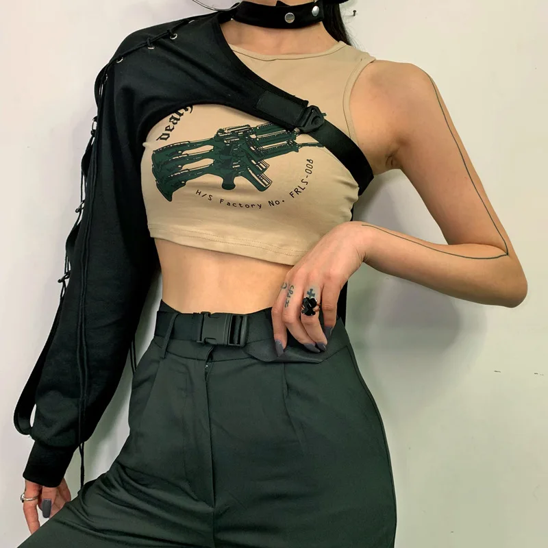 Топ женский в готическом стиле жилет с одним рукавом и ремнем для танцев хип-хоп