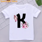 Футболка с цветочным принтом и бабочками для девочек, футболка с буквенным принтом K, детская одежда, летняя милая детская одежда, футболка