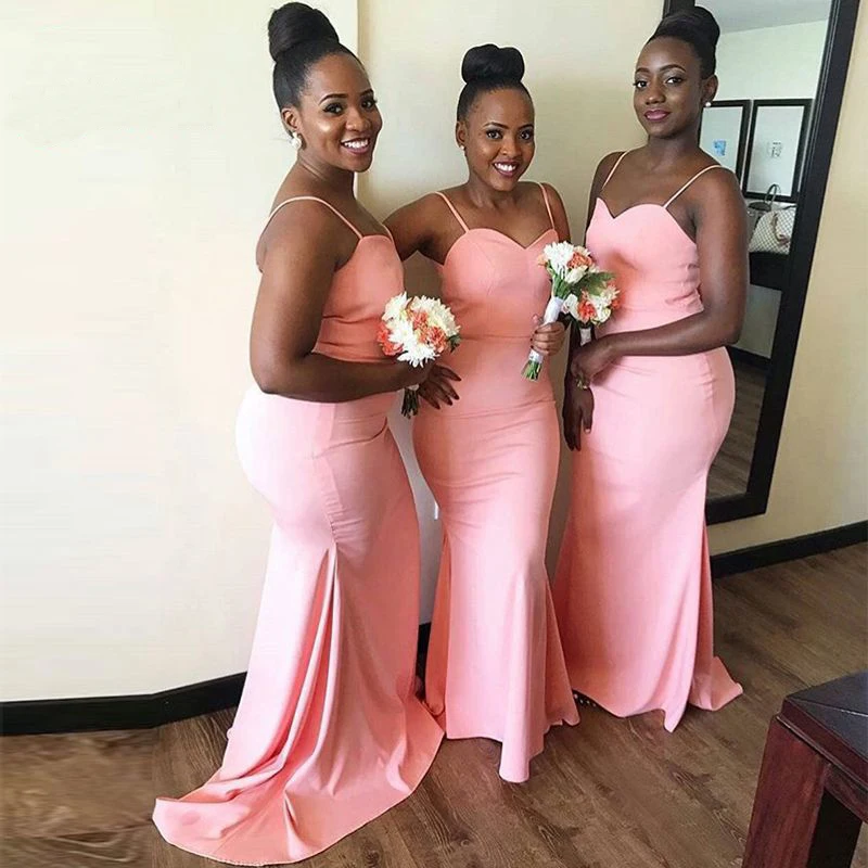 

Sexy African Mermaid Pink Bridesmaid Dresses 2020 Long Spaghetti Straps Satin Prom Dress Backless Wedding Party Gown