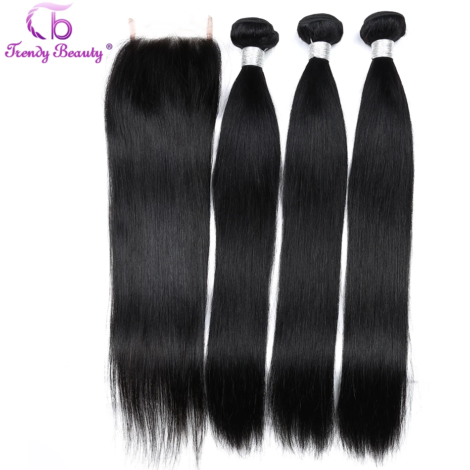 Индийские прямые волосы 3 пряди с 4x4 кружева закрытие бесплатная/средний/три