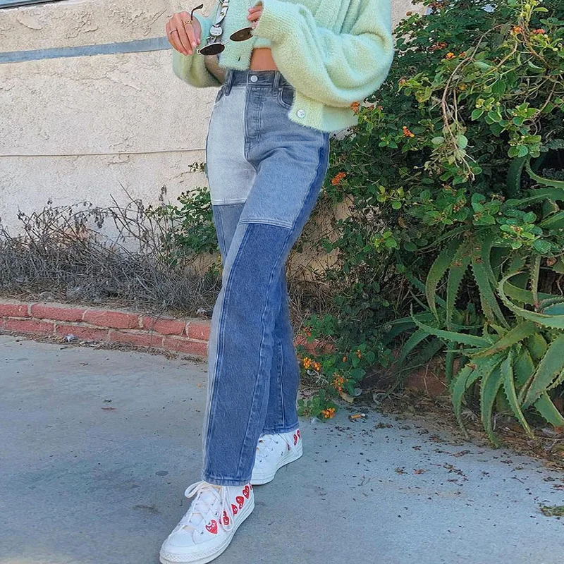 

Y2K Patchwork Straight Jeans Women Vintage Casual Baggy High Waist Female Casual Denim Streetwear Pants 2021