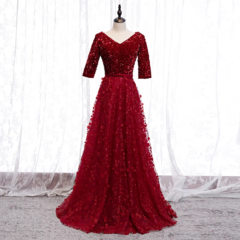 Bespoke Occasion Dresses Illusion V-Neck Half Sequined Luxury Burgundy Lace Tulle A-Line Vintage Women Formal Evening Gown HB209