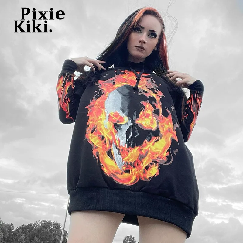 

PixieKiki Flame Print Fake Two Piece Hoodies Trendy Clothes for Women Streetwear Sweatshirts Graphic Long Sleeve Top P67-DE41