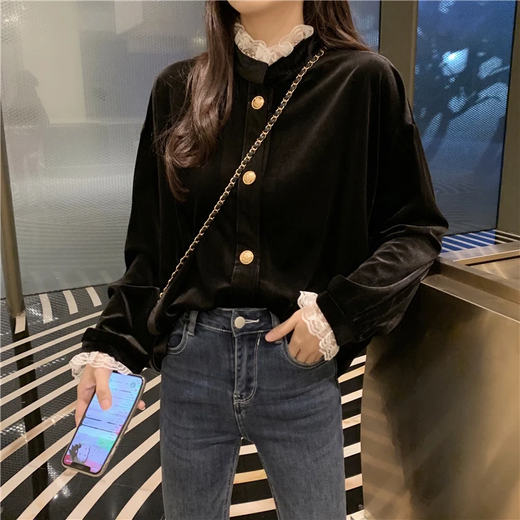 Black Blouse Ретро бархатная блузка женская кружевная Лоскутная с длинным рукавом стоячий воротник длинный рукав Топ рубашка новая осенняя Корейская Ins черная рубашка женская - Цвет: Black Blouse