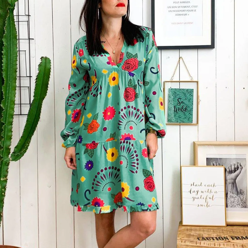 Женское платье с открытыми плечами цветочным принтом длинным рукавом