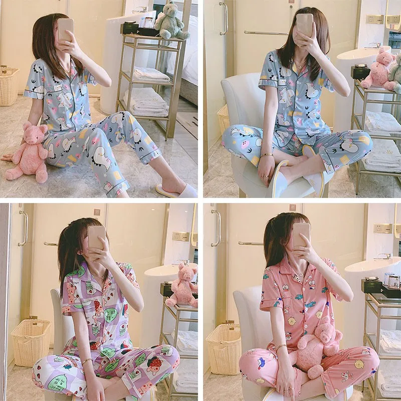 

Ladies Lapel Cardigan Cartoon Casual Pajamas Suit 2021