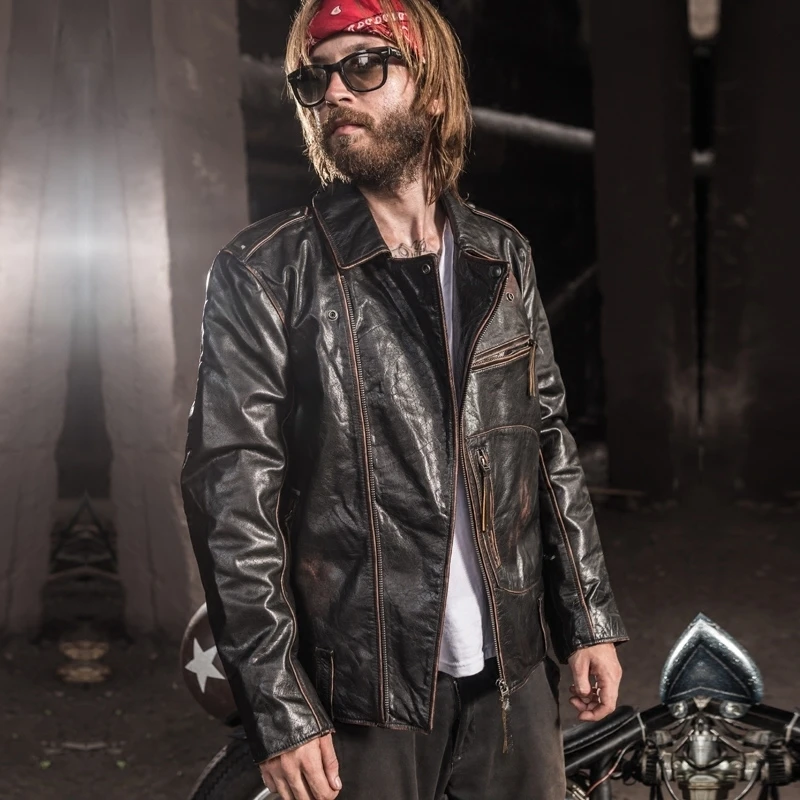 

Brown 2020 Vintage Men's Biker Leather Jacket Diagonal Zipper Plus Size 6XL Genuine Cowhide Slim Fit American Motorcycle Jacket