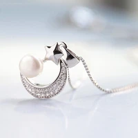 stylish female moon star pearl pendant necklace fashion silver wedding necklace simple love long necklace for women