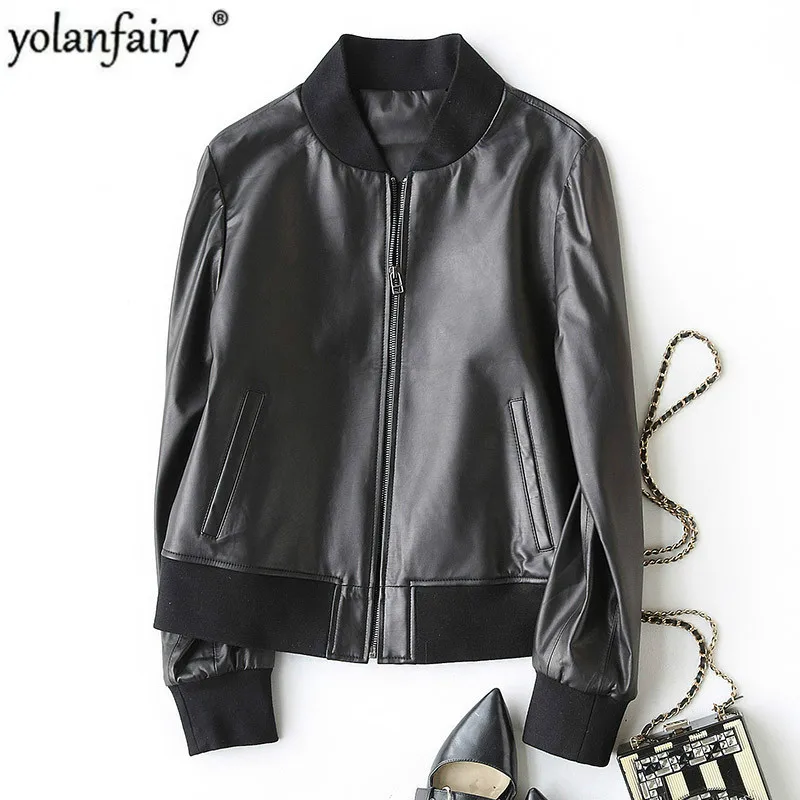 Женская короткая куртка бомбер из натуральной овечьей кожи модель J2319 на весну и