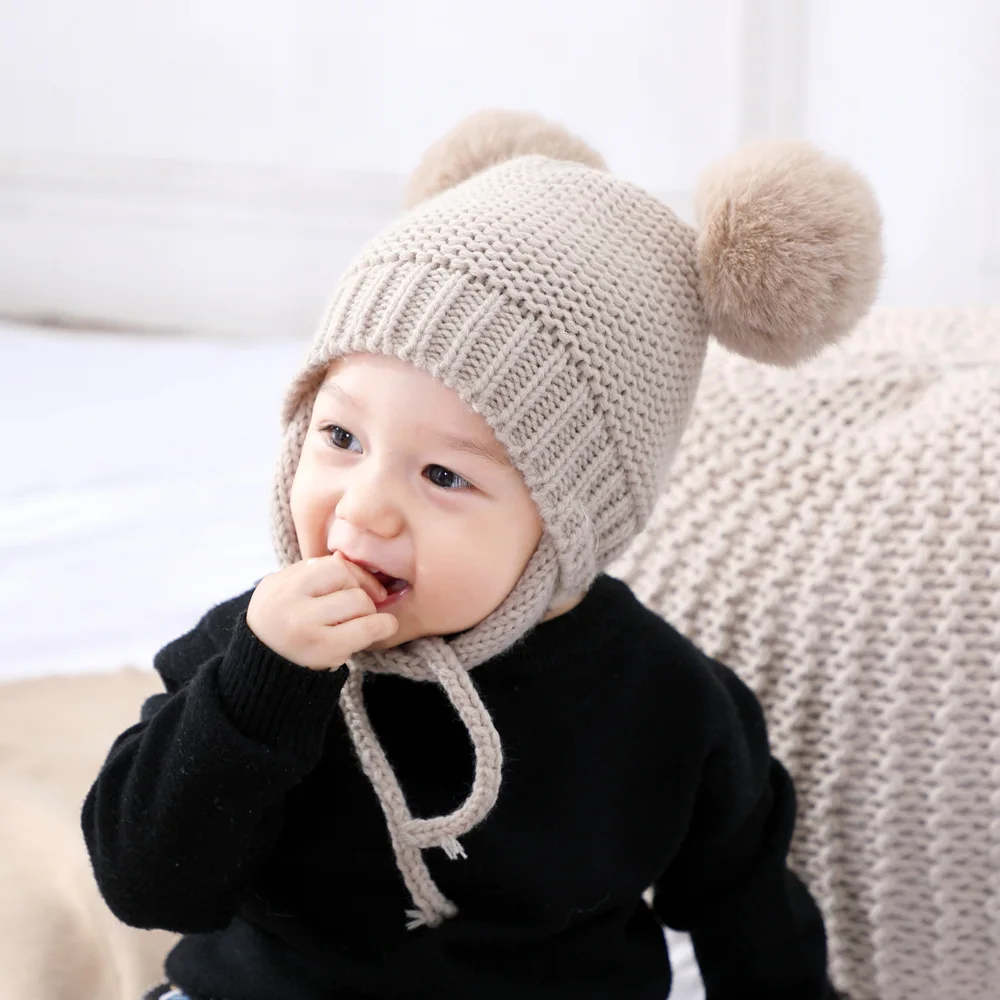 

Braided Double Ball Knitted Cap for Babies Winter Plush Cap Hat for Kids Baby Girls Warm Beanies Thick Autumn Fur Pom Ski