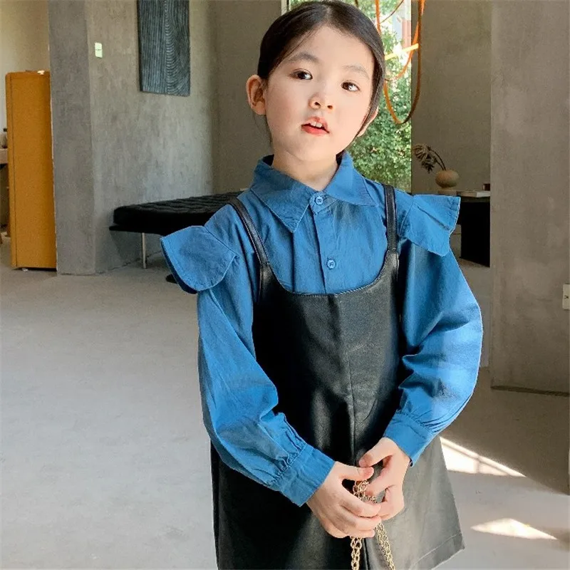 

Girls Suits Blouse + Dress Sets Kids 2021 PU Spring Autumn Teenagers Tracksuits Formal Outfits Sport Children Clothing Sets