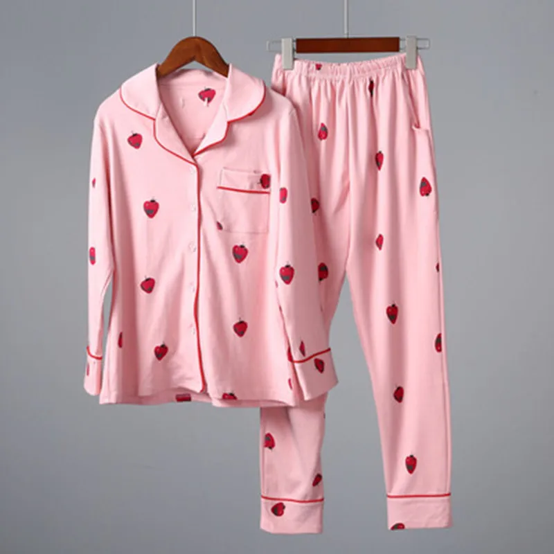 

100 % Cotton Autumn Pajamas Set Women Sexy Pyjama Loose Size Female Long Sleeve Shirt Pants 2 Piece/Set Home Sleepwear 2019