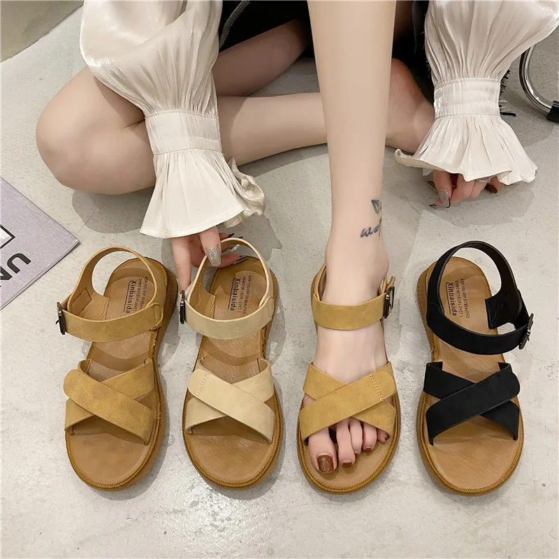 

2021 Sandals Comfort Shoes for Women All-Match Summer Heels Suit Female Beige New Fashion Low Girls Black Rome Basic Scandals So