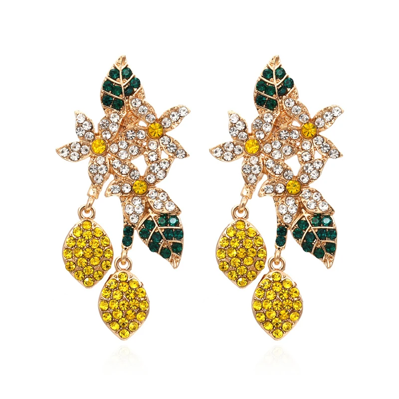 

2021 New Casual Fashion Hit Color Diamond Lemon Flower Earrings Retro Full Diamond Fruit Leaf Earrings Female Party Gift