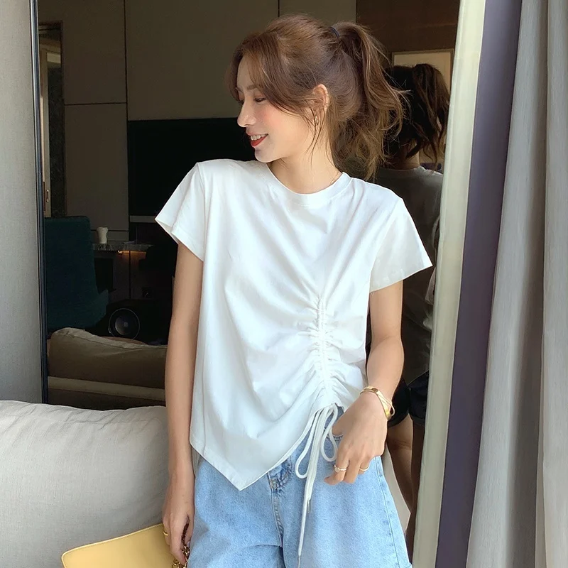 Женская Однотонная футболка 2020 летняя Женский Топ асимметричная хлопковая топ с