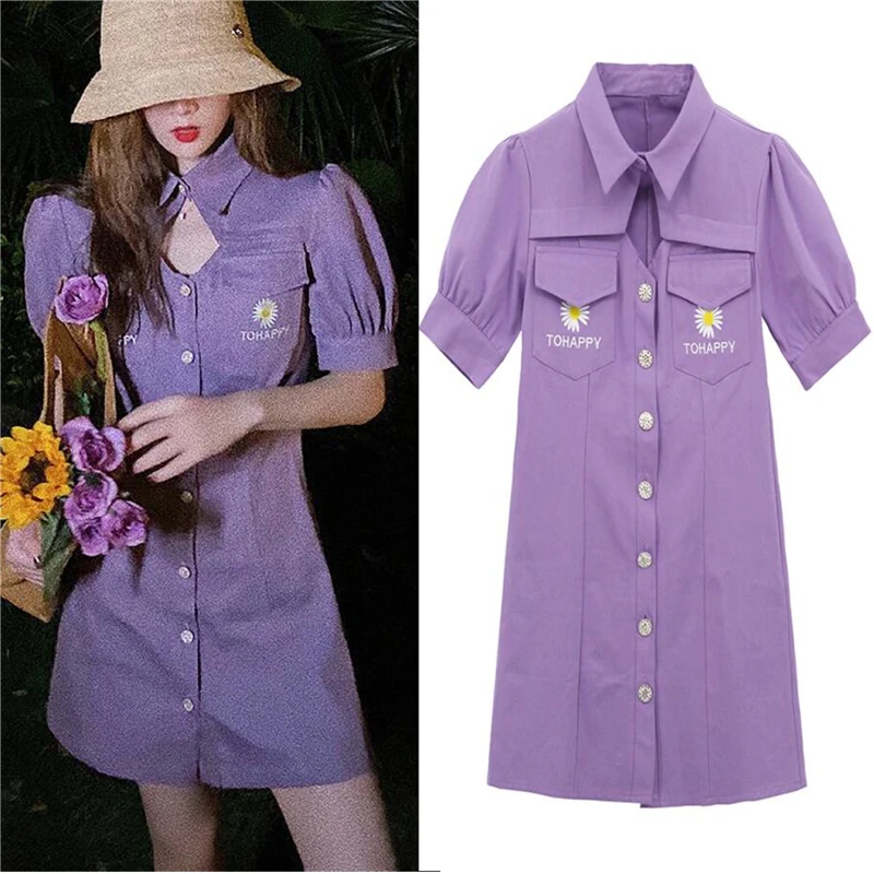

Flower Embroidery Summer Dress Woman Vintage Short Sleeve Single Breasted Purple Denim Slim Mini Dress Shirt Dress Women SL006