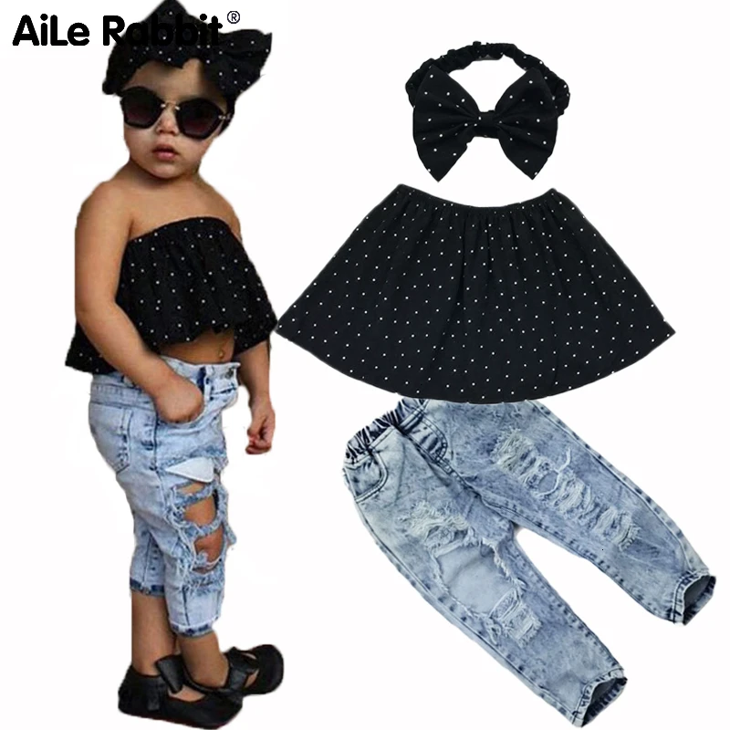 

AiLe Rabbit Summer Kids Fashion Girls Clothing Sets 3 Pcs Black Blouse Top Hole Casual Jeans Hair Band Girls Clothes Set K1