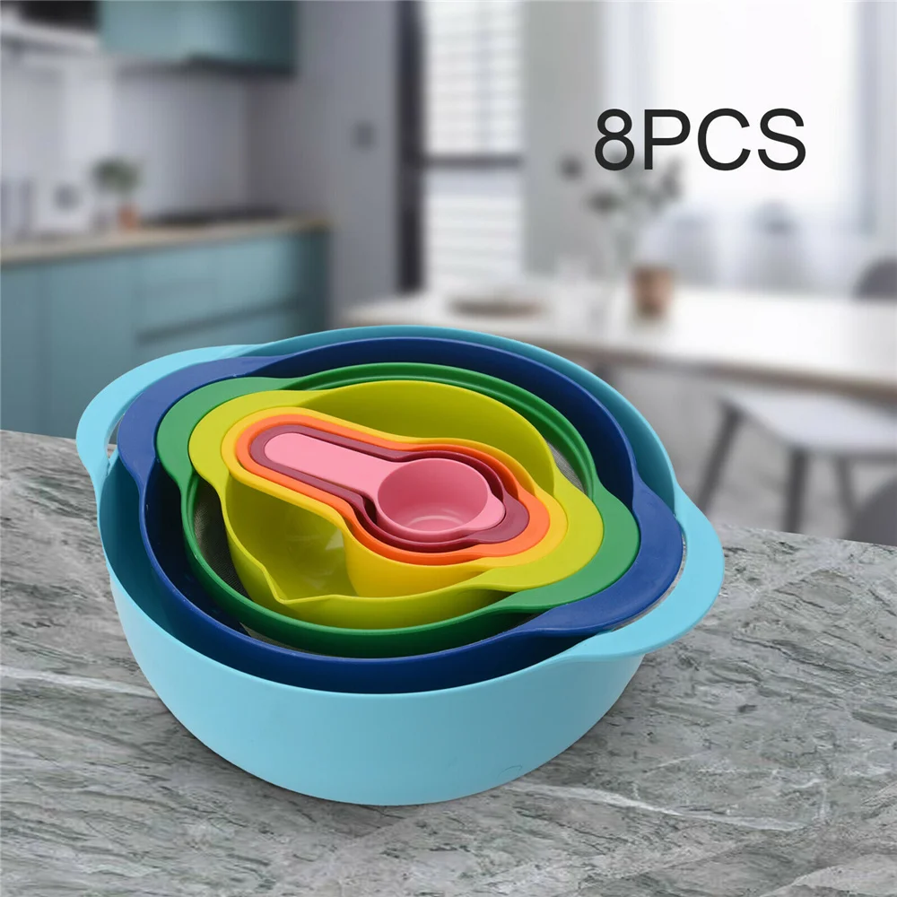 

8pcs/set Mixing Bowls Pp Measuring Spoons Drain Basket Mixing Bowls Home Storage Organizer Baking Cooking Kitchen Tools