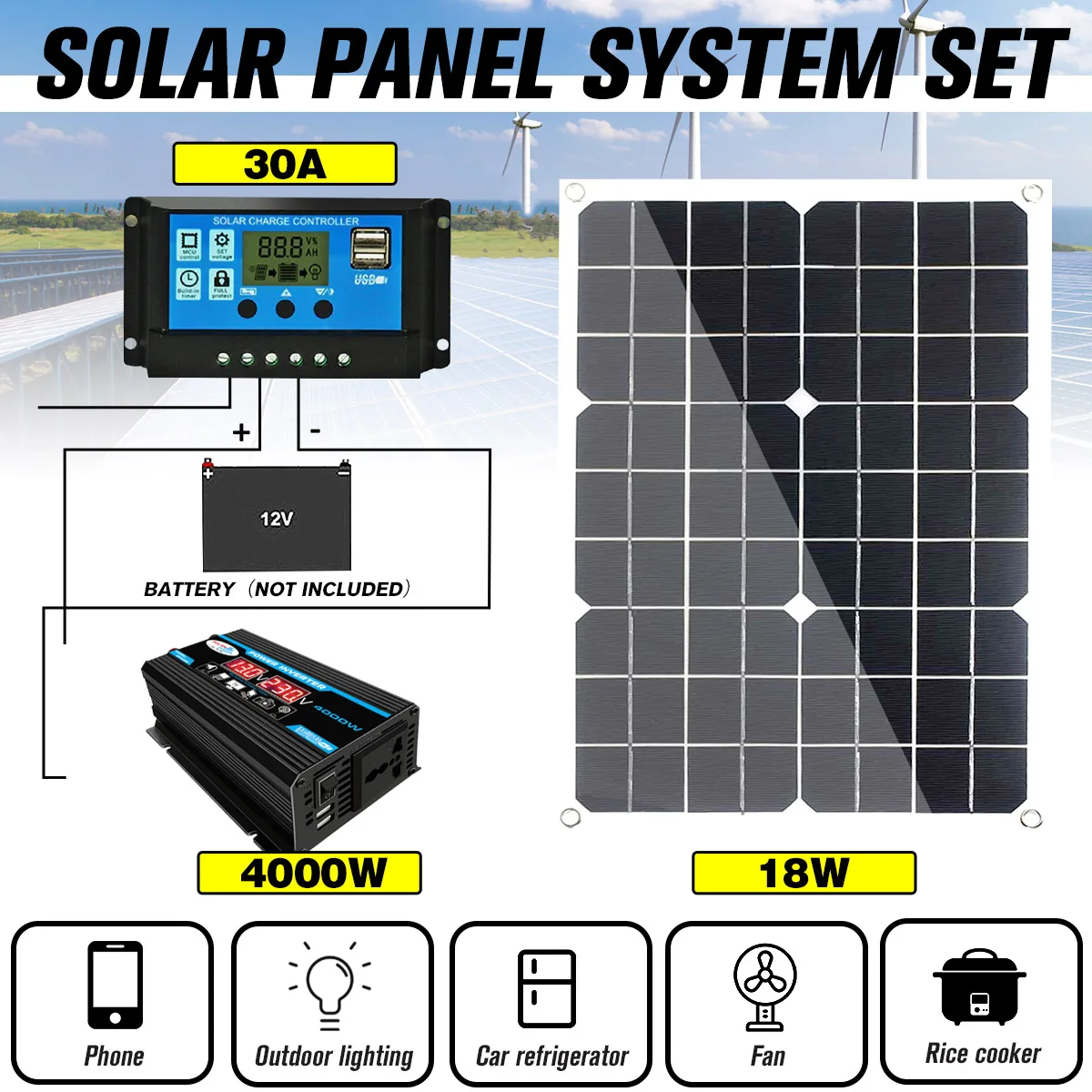 

Система солнечных панелей 12 В, 110 В, 220 В, 18 Вт, контроллер заряда аккумулятора, 4000 Вт, солнечный инвертор, полный комплект для выработки электр...