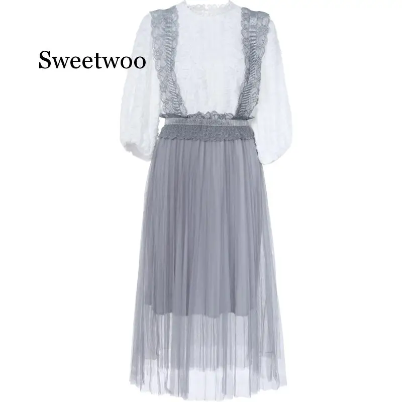 

SWEETWOO 2020, новинка, Женский комплект из двух предметов, круглый вырез, 3/4, Пышный рукав, белый, серый цвет, кружевная сетчатая рубашка, Макси Дли...
