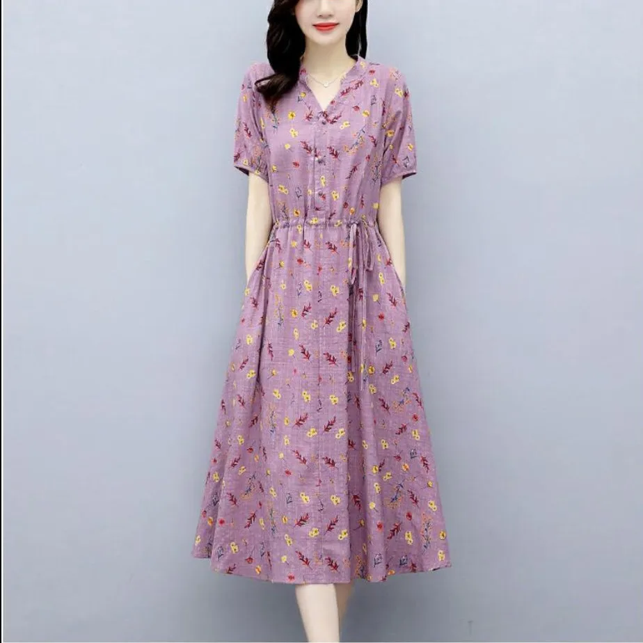 

Spring and summer new loose short sleeve waist skirt fashion thin print medium length casual cotton linen dress