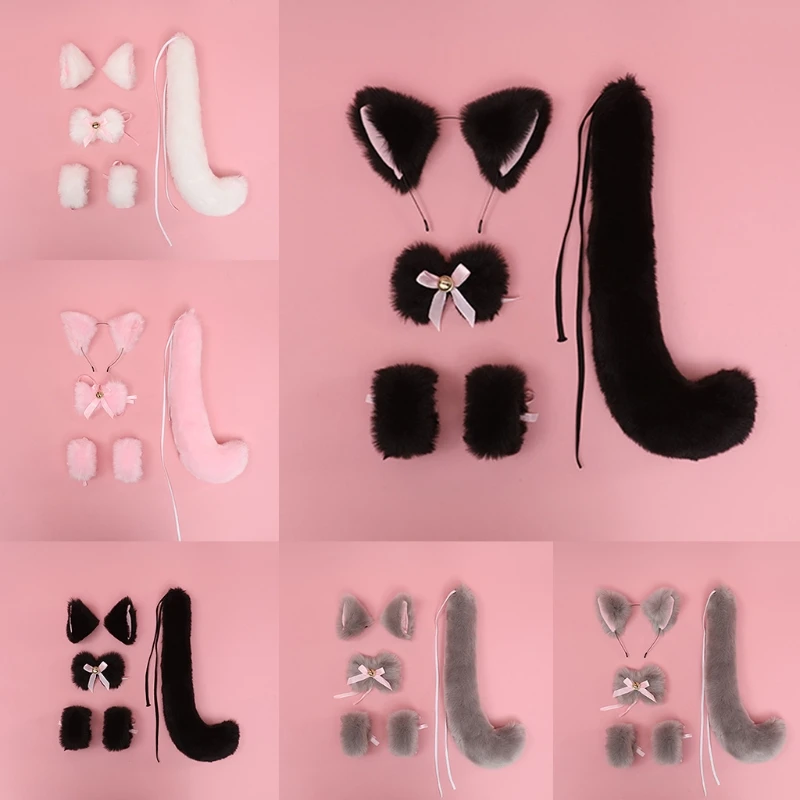 

Handmade Cat Ears Hairpin Hair Hoop Plush Collar Tail Set Sweet Kawaii Bowknot Bells Gothic Cosplay Halloween Dress up