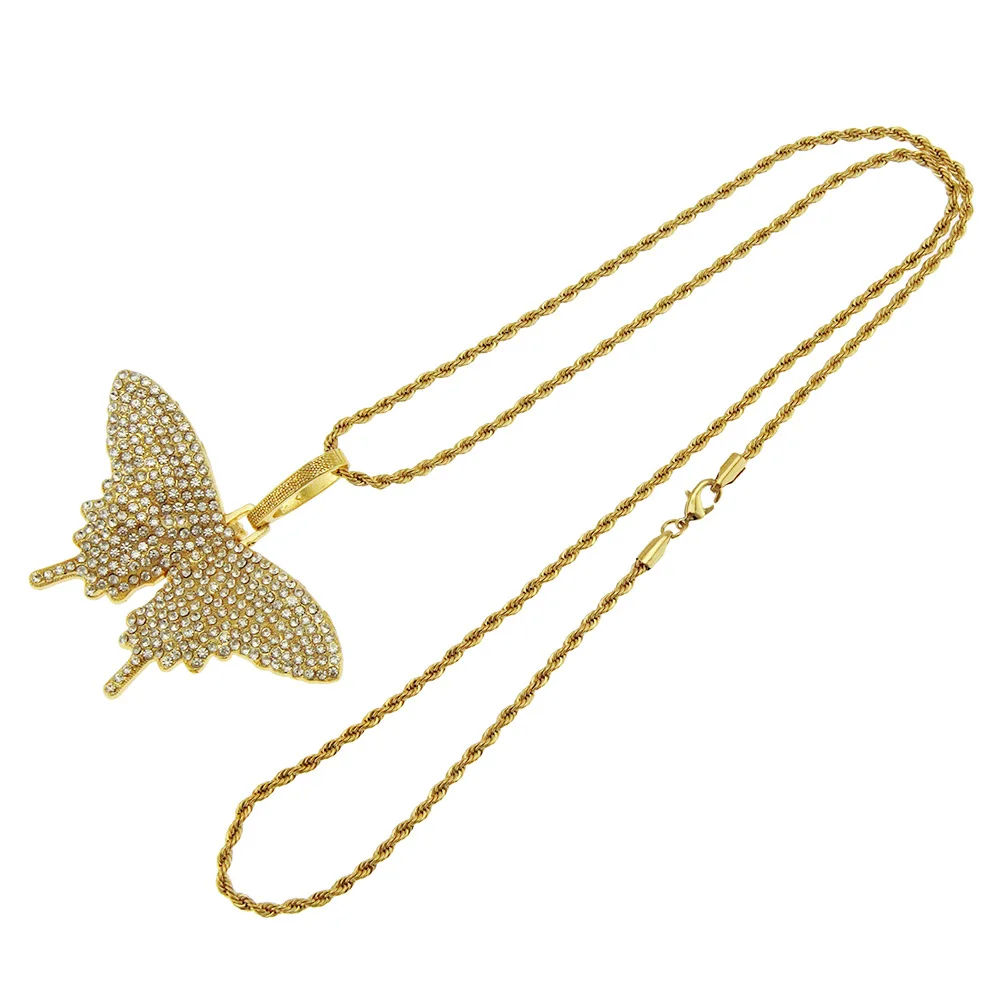 

Large Butterfly Pendant Necklace With Rhinestones Hip Hop Twist Chain CZ Bling Rapper Necklaces For Men Jewelry Xmas Gift 2020